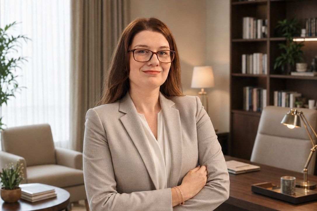 Sala de atendimento: janela ampla, poltrona de espera, estante e escrivaninha.