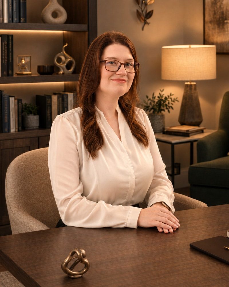 Dra. Tayane Staniszewski, médica psiquiatra, sentada à mesa do consultório.