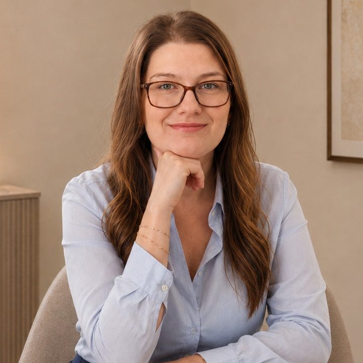 Dra. Tayane Staniszewski, médica psiquiatra, sentada em uma poltrona no consultório.