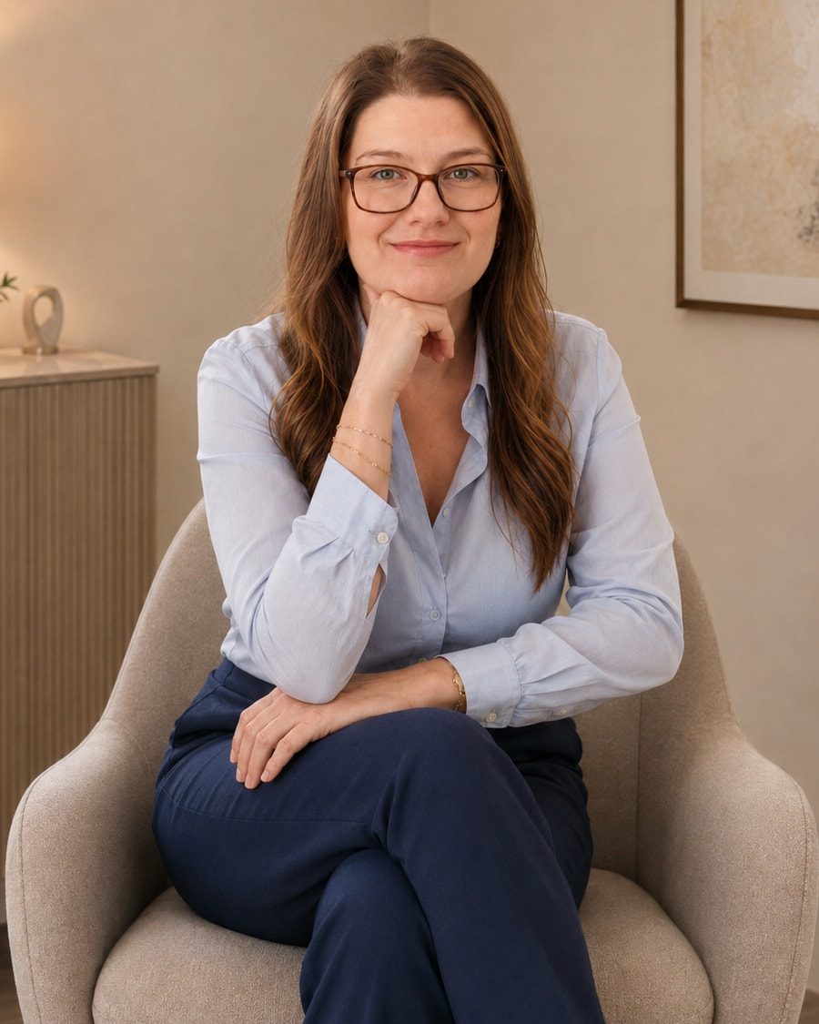 Dra. Tayane Staniszewski, médica psiquiatra, sentada em uma poltrona no consultório.